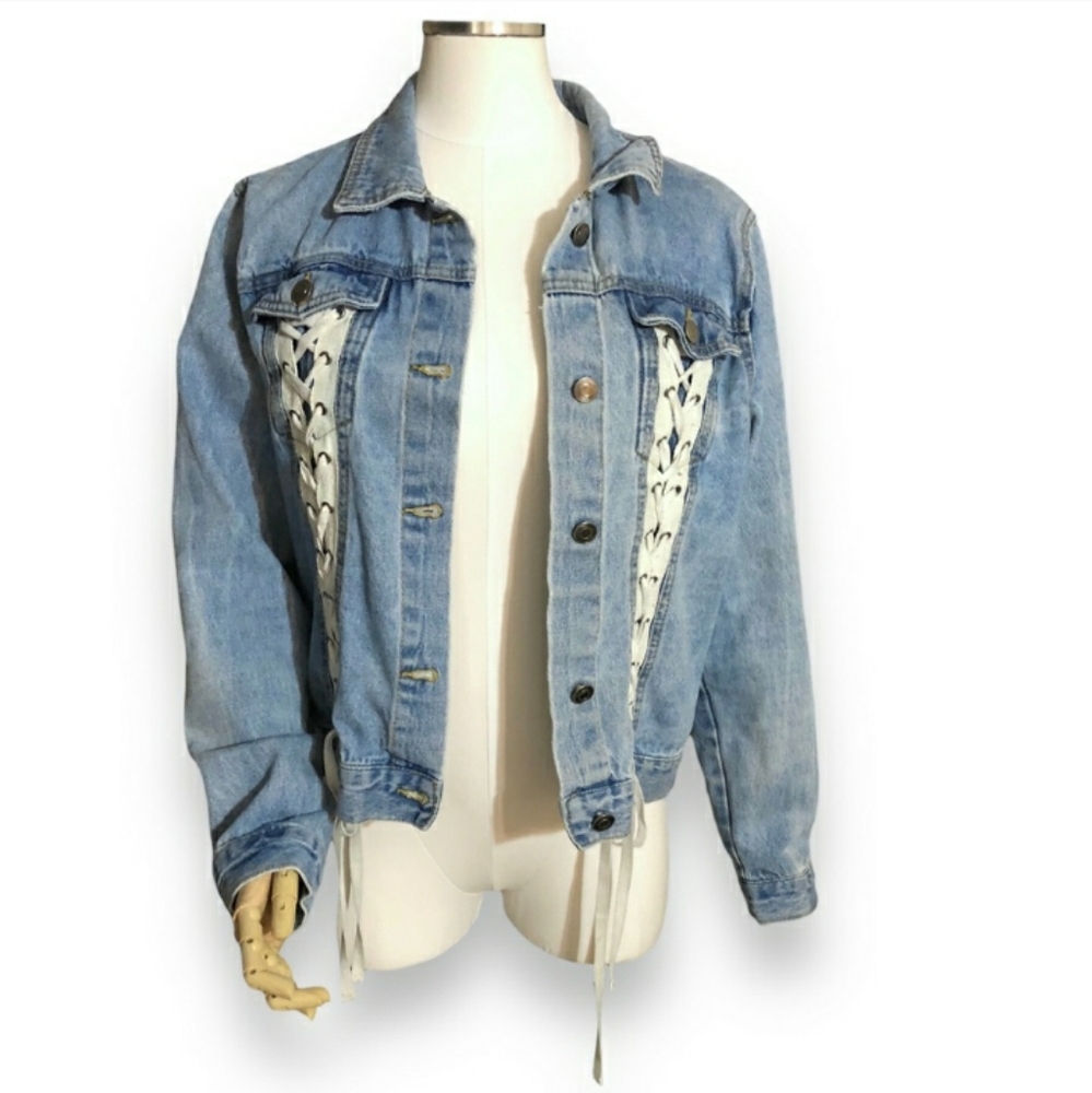 LOVE TREE DENIM Lace-Up Corset Detail Cropped Jean Jacket EUC!